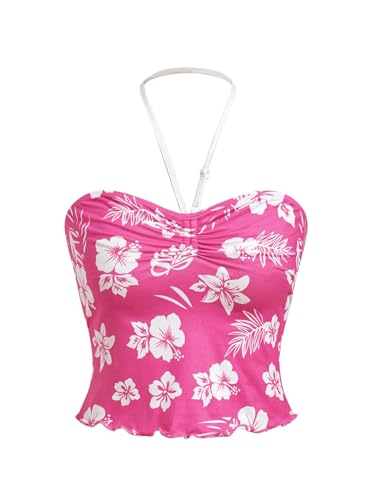 WDIRARA Girl's Boho Cami Top Floral Printed Sleeveless Tube Tops Halter Strap Ruched Tank Tops