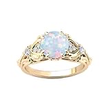 FYBIOD 10K 14K 18K Gold Round Cut White Opal Vintage Ring for Women 1 Carat Simulated White Opal and MoissaniteDiamond Promise Statement Anniversary Ring for Her