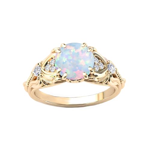 FYBIOD Round Cut White Opal Vintage Ring for Women Sterling Silver Yellow Gold Plated 1 Carat Simulated Opal and Moissanite Promise Statement Anniversary Ring for Her Size 9