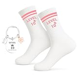 PIujsym 2 Stück Level 10 Mädchen Geschenke, Zehnte Geburtstag Socken 35-38, Schlüsselanhänger Set, Mädchen Geschenkideen 10 Jahre, Geburtstagsgeschenk für Mädchen, Geburtstagsfeier
