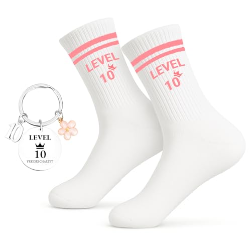 PIujsym 2 Stück Level 10 Mädchen Geschenke Zehnte Geburtstag Socken 31-38 Schlüsselanhänger Set Mädchen Geschenkideen 10 Jahre Geburtstagsgeschenk für Mädchen Geburtstagsfeier