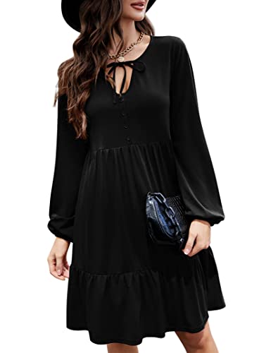 KoJooin Womens Tunic Dress Puff Long Sleeve Leopard Print Casual Loose V Neck Ruffle Swing Mini Dress Shift Fall Dress Black XL
