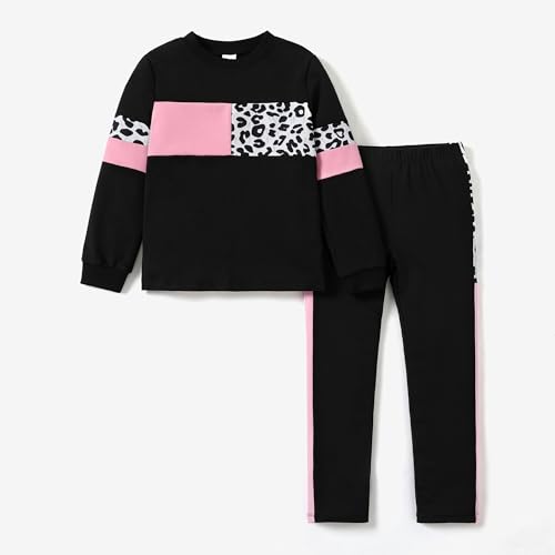 PATPAT Roupas para meninas, gola redonda, leopardo, moletom e leggings tamanho 2 a 12 anos, Preto, 1