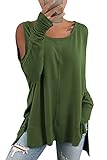 Hongqizo Women's Cold Shoulder Long Sleeve Sweatshirt Casual Crew Neck Side Split Loose Pullover Tops Blouses Army Green