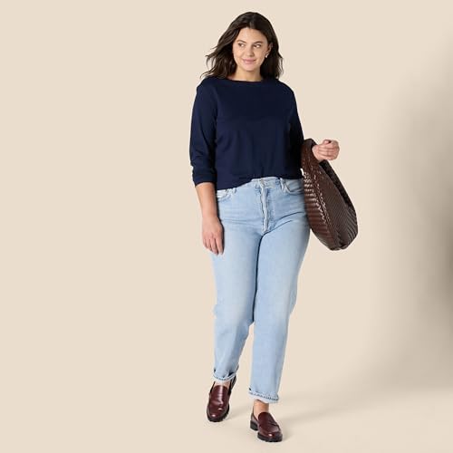 Amazon Essentials Camiseta de Cuello Redondo, Manga Larga, Corte Regular, 100% Algodón Mujer, Azul Marino, M