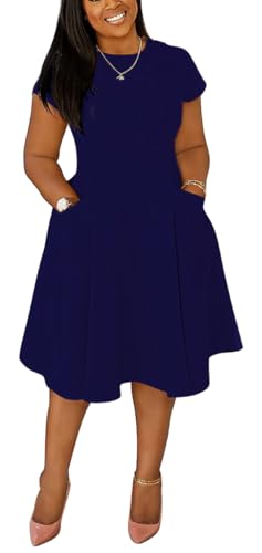 Image of Summer Dresses for Women Semi-Formal Fit Casual Slim Short Sleeve O-Neck Elegant Swing A Line Midi Dresses with Pockets