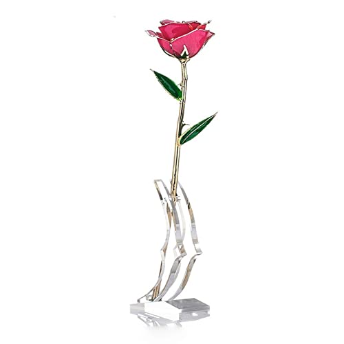Aumotop Rosa Chapada en Oro de 24 Quilates con Soporte en Caja de Regalo para el Día San Valentín - Rosa Rosada Tallo Largo Hecha a Mano - 11-12 Pulgadas