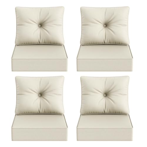Image of DoCred Set of 4 Outdoor Chair Cushion, 6 inch Thick Patio Seat Cushion, Beige | 28D High Density Sponge Cushions & 7 inch Back Pillows with Fade and Water Resistant Cover for Patio Furniture Sofa Bench Swing