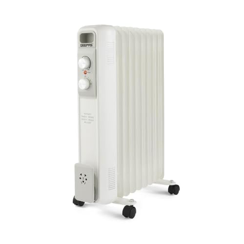 Geepas Oil Filled Radiator Heater 2000W, 9 Fin | Portable Electric Heater 3 Heat Settings | Adjustable Thermostat Safety Cut-off Overheat Protection Energy Efficient Heating | 2 Year Warranty White