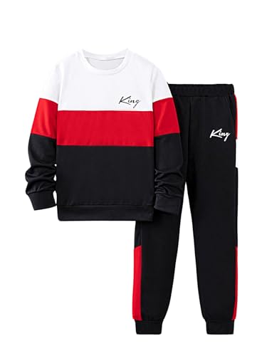 Image of GORGLITTER Boy's 2 Piec Pants Outfits Letter Graphic Crewneck Pullover Sweatshirt Joggers Pants Set Black and Red 9Y