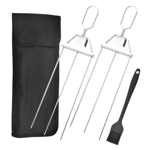 MAGICLULU Brochettes Semi-Automatiques à Trois Dents en Acier Inoxydable 2 Pièces Brosse en Silicone, Kit Barbecue Domestique pour Poulet et Crevettes