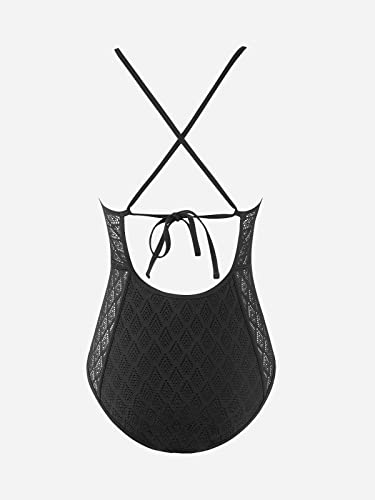 Cupshe One Piece Swimsuit For Women Bathing Suits V Neck Lace Cutout Swimwear Crisscross Back Self-Tie, M Black #TOP5
