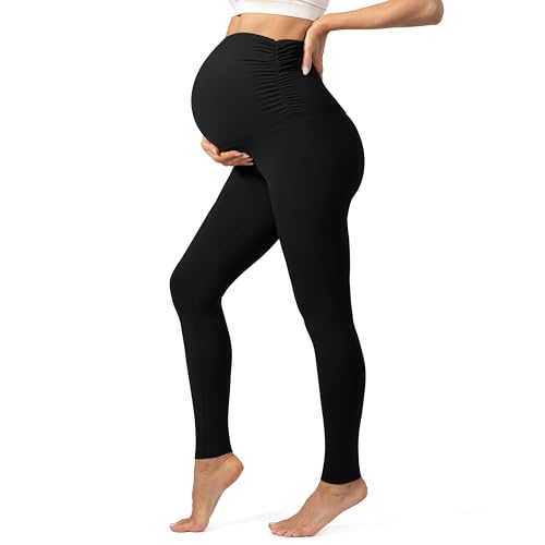 Uowou Maternity Leggings for Women Over The Belly Buttery Soft Pregnancy Yoga Pants Active Wear Workout Tights Black