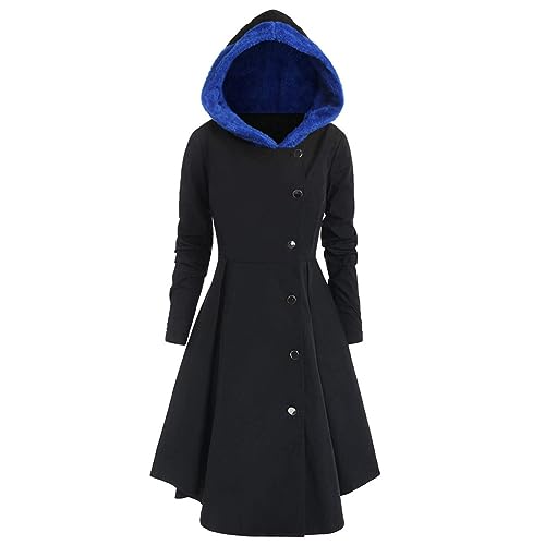 Azruma Damenblazer Mantel Damen Herbst Mantel Schwarz Damen Frauen Warm Einfarbig Langarm Wollmantel Mit Knopfleiste Schlank Asymmetrisch Mantel Mit Fell Kapuze Forstjacke (Blau, L)