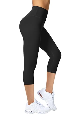 Enjoyoga Leggings Damen 3/4 mit Innentasche - High Waist Sporthose Laufhose für Sport Yoga Gym - 03(S-M, Schwarz)