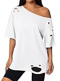 Remidoo Off The Shoulder Tops for Women Short Sleeve Ripped Distressed Tshirt Cut Out Oversized Tee White Medium