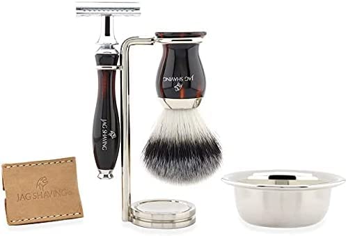 Zestaw do golenia z podwójnymi krawędziami ze stojakiem na pędzle do golenia i miską z syntetycznej srebrnej końcówki Jag Shaving
