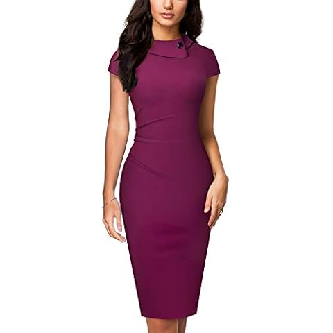 HOMEYEE Women's Vintage Lapel Ruched Bodycon Business Pencil Dress B574 (S, Carmine) Cover