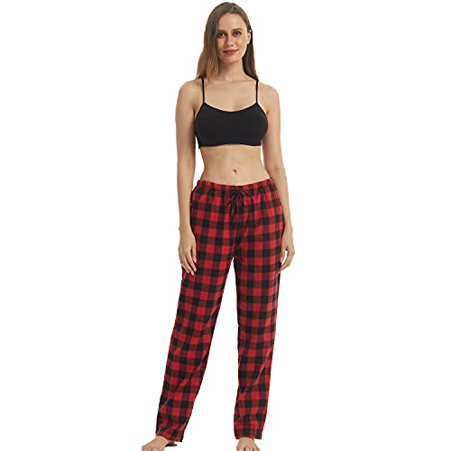 YUSHOW Schlafanzughose Damen Lang Flanell Baumwolle Karierte Pyjamahose Winter Weich Nachtwäsche Hose Freizeithose mit Taschen und Kordelzug, Rot Schwarz Kariert Größe S