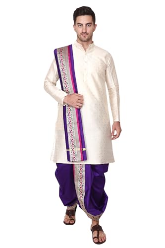 Image of Rameshwaram Fabrics Men's Sherwani Style Dhoti Kurta Set with Angavastram | Traditional Indian Groom Dress | Ethnic Kurta Set for Wedding, Engagement, Festival
