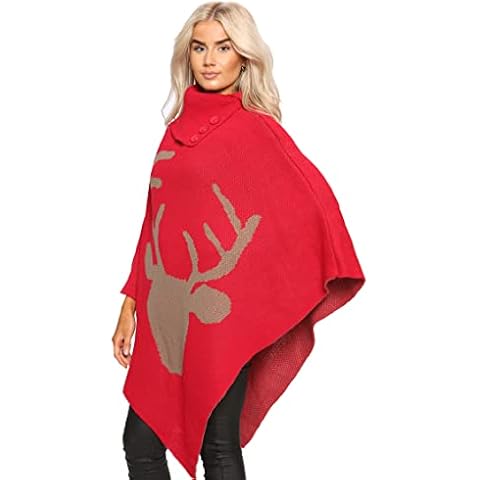 Style Moda Ladies Deer Cape Poncho Shawl Long Stretch Knitted Collar Reindeer (Red) Cover