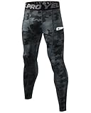 Yuerlian Camo Black Compression Running Leggings Men Workout Base Layer Tights Quick Dry Trousers with Pockets Sports Gym Golf Walking Training