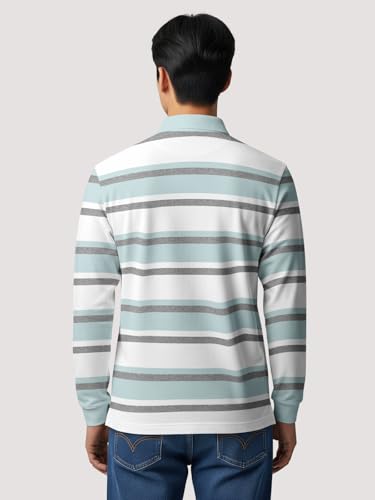 Image of BULLMER White Striped Printed Polo Neck Fullsleeve Tshirt with Rib for Men.
