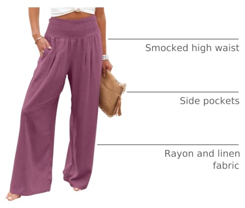 Image of ANRABESS Women Linen Palazzo Wide Leg Pants with Pockets | Smocked High Waist，Comfort Casual Flowy Pants，Lounge Everyday Wear，Summer Boho Cute，2026 Beach Travel Vacation Outfits