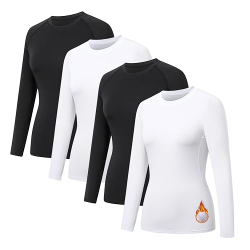 HYCOPROT 4 Pack Camisetas Térmicas de Compresión para Mujer Manga Larga Interior Ropa Deportiva Invierno Corte Ajustado Basica Top Deportivo Base Shirts Gimnasio Yoga Senderismo Trekking Ciclismo