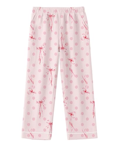 LANKMEI Girl's Pajama Pants Sleepwear Soft Fashion Lounge PJ Bottoms with Pockets, Bow Dots Pink, 9-10 Years = Tag 150