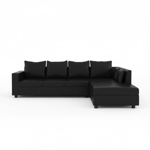 Image of FURNY Harloy 5 Seater RHS L Shape Leatherette Sofa Set (Black) in Premium Finish | Durable Comfort | Ideal for Living Room