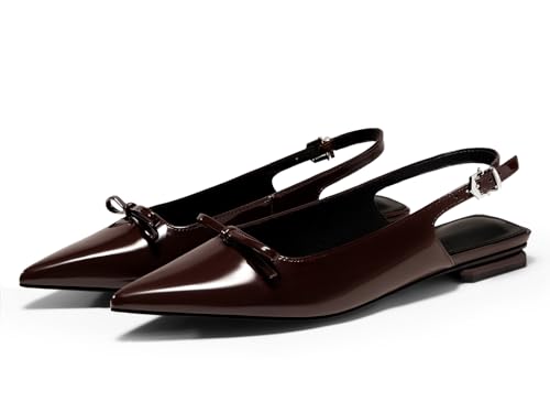 Coutgo Womens Slingback Flats Bow Slip on Dress Shoes Buckle Comfortable Ballet Flats Pointed Toe Flat Party Work Shoes Red-Brown Size 8