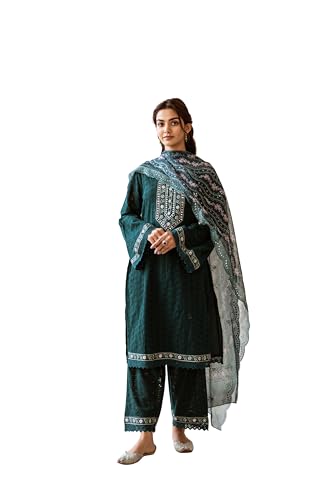 Image of ishin Embellished Yoke Cotton Schiffli Kurta Paired with Lace Hemlined Pants and Art Silk Dupatta