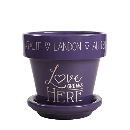 Personalization Universe Love Grows Here Personalized Flower Pot - Durable, Weather Resistant Indoor/Outdoor Plant Pot with Saucer, Ceramic - Mother's Day, Grandparent's Day, 5.25