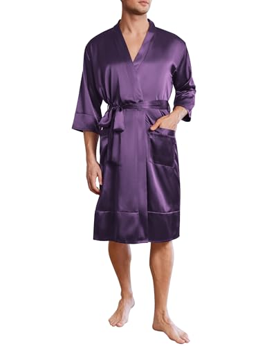 Ekouaer Mens Satin Robe Lightweight Silky Kimono Bathrobe 3/4 Sleeve Spa Knee Length Loungewear with Pockets S-3XL