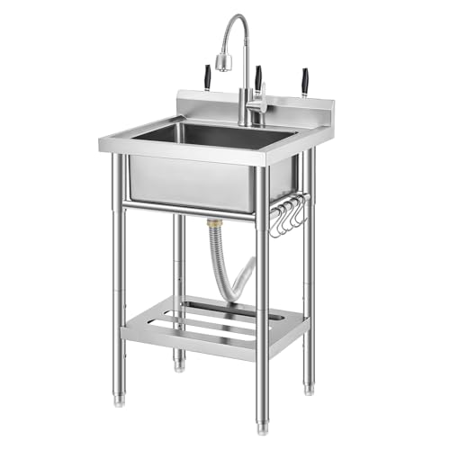 Commercial Stainless Steel Utility Sink with Faucet, Freestanding Laundry Sink with Adjustable Legs, Storage Shelf, Hooks, Backsplash, Hot & Cold Wate