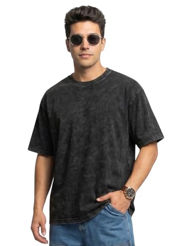 Image of Veirdo Heavy GSM Pure Cotton Acid Wash Print Round Neck Half Sleeve Oversized Fit Drop Shoulder T-Shirt for Men (Colors: Black, Navy, Green & Brown)