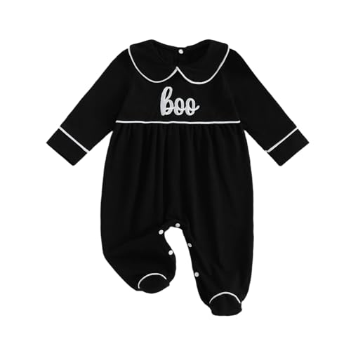 Baby Boy Girl Halloween Romper Letter/Pumpkin Peter Pan Collar Long Sleeve Footie Jumpsuit Newborn Fall Winter Clothes