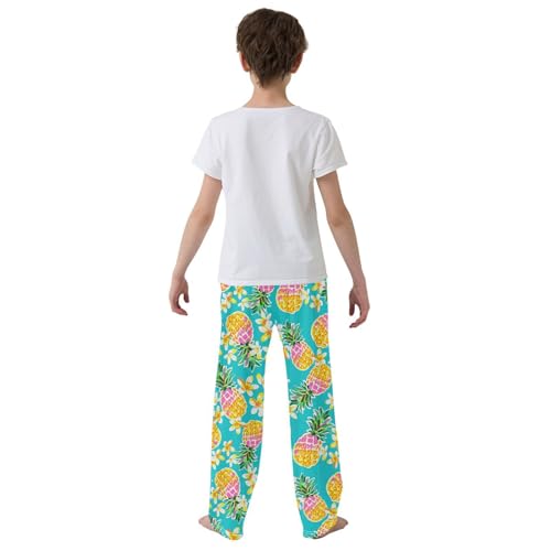 Pineapples Hibiscus Floral Boys Long Pants Soft Trousers Elastic Waist Kids Lounge Bottoms with Pockets S-XL3