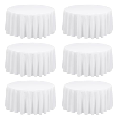 FXKS Lot de 6 Nappes Blanche de Polyester, Nappe Ronde Blanche, Nappe Ronde 90 Pouces/ 229cm, Résistant aux Taches et aux Rides Lavable Nappe pour Banquet de...