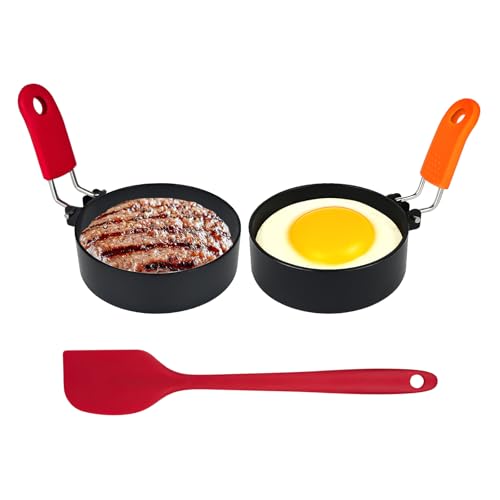 YUUTIAL Egg Rings for Frying 2Pack Fried Egg Ring with Anti-Scald Folding Handle Silicone Spatulas Stainless Steel Non Stick Egg Moulds for Frying Eggs Pancake Sandwiches Mini Burger (2)