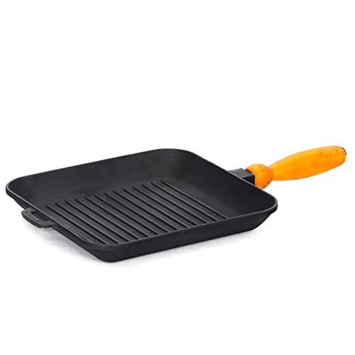 4BIG.fun Grillpfanne 28 cm Gusseisen quadratisch Bratpfanne Holzgriff Steakpfanne für Gasgrill, Backofen, Feuerstelle und alle Herdarten inkl. Induktion