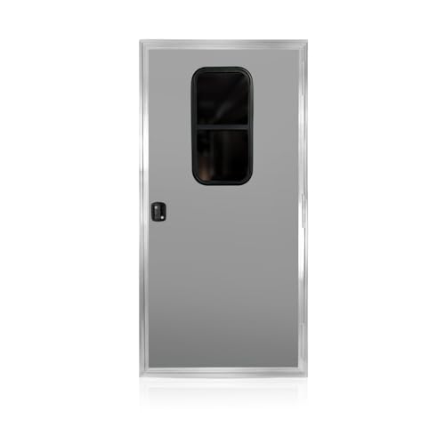 Polycore RV Door for Trailer with Window Cargo Trailer Replacement .080 Polycore Sheet Durable Teardrop Camper Door Lock-Ready Entry Door - Made in USA - Grey with Silver Frame