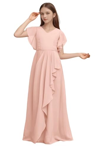 Flutter Sleeves Junior Bridesmaid Dress 2026 Bodice Chiffon Flower Girl Dresses for Wedding Party Girls Pleated A Line V Neck Holiday Party Dress for Teens Semi Formal Evening Gowns Blush Pink 16