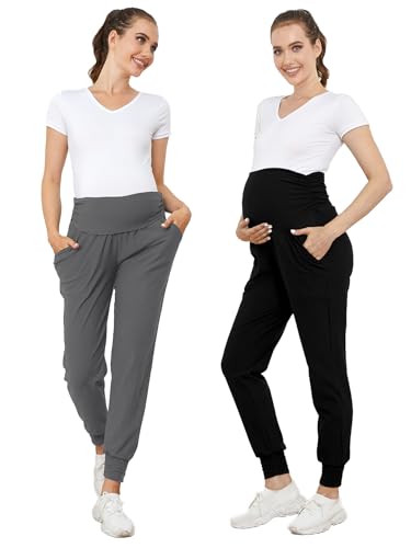 PARNIXS Umstandsmode Zweiteiliges Set Basic Stretch-Design mit Taschen Weiche Leggings für aktive Mütter Yogahosen Ganzjährig tragbar