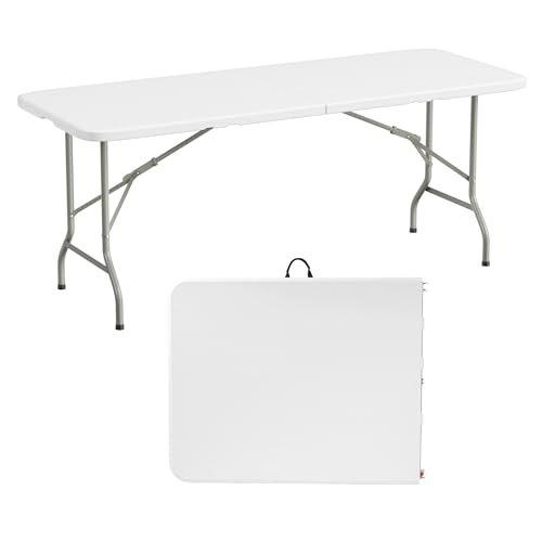 Elevon 6 Feet Heavy Duty Folding Table with Built in Handle & Steel Legs Fold-in-Half Portable Table for Indoor Outdoor Use - Camping Picnic Party Wedding Dining Utility Table