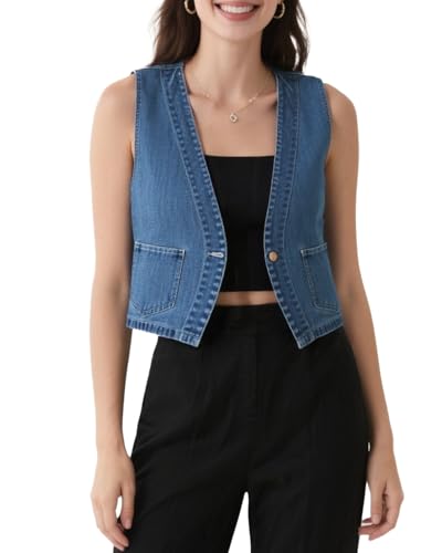 Women's Denim Sleeveless Vest for women, Casual V Neck, Button Front with Pockets for Summer