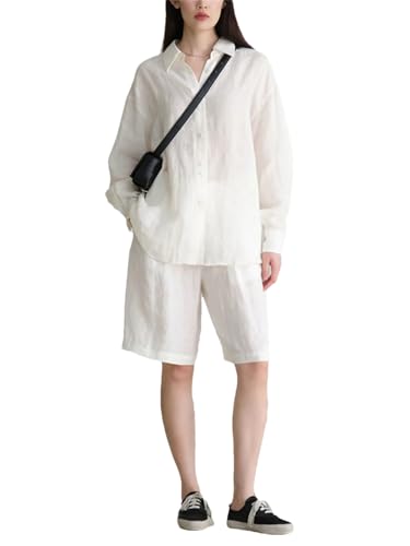 Women's Linen Long Sleeve Shirt Shirt+Shorts Clothes Set All Matches Chic Spring 2 Piece Set