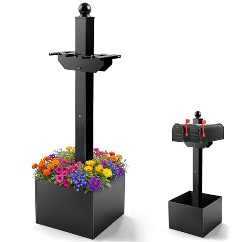 Colingmill Double Iron Mailbox Post with Planter Box for Outside 65.35 x 4 x 4 Inch Black Steel Mount for 2 Mailboxes Heavy Duty Architectural Stand with Brackets (Mailbox Not Included)