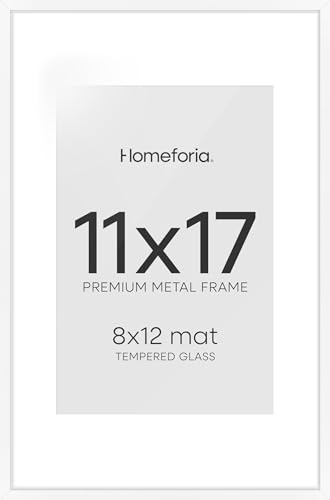 Image of Homeforia 11 x 17 Picture Frame White, High End Metal 11x17 Poster Frames with Mat 8x12 for Photo, 11 x 17 White Frame Matted to 8 x 12 inch Print, 17x11 Thin Frame, Tempered Glass, Wall Kit, Set of 2